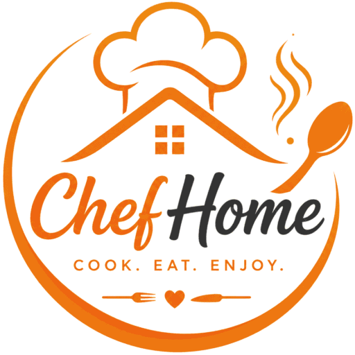 Chef Home logo featuring a house, chef hat, and cooking spoon for culinary brand.